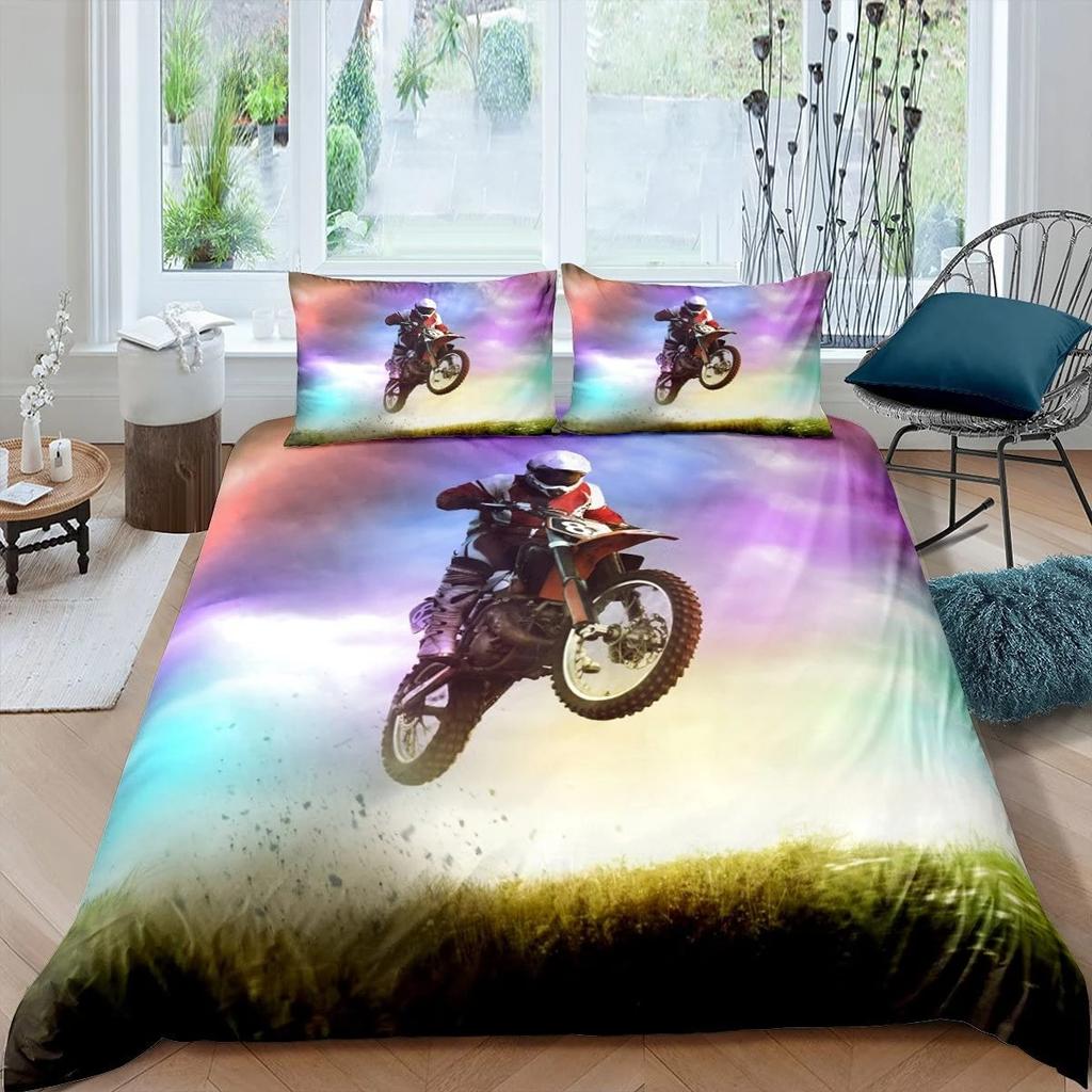 Dirt Bike King Queen Duvet Cover Motocross Sports Bedding Set Motorcycle Quilt Cover Youth Cool Black White Soft Comforter Cover