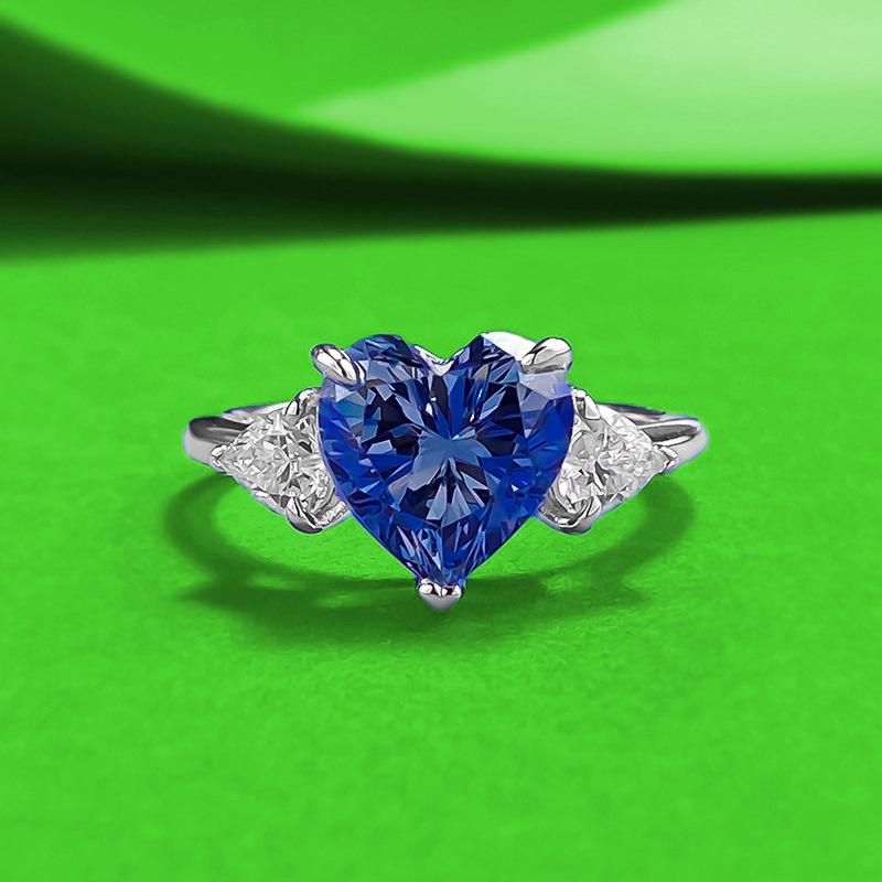 

Zhuo Zhi Fan Кольцо с тремя камнями в форме сердца сине-серого цвета с бриллиантами, из стерлингового серебра S925 Size 6