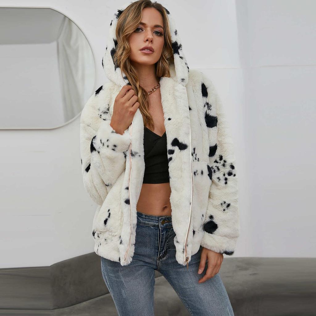 Women's Autumn/Winter Fashion Thickened Cow Hooded Zip Fleece Coat