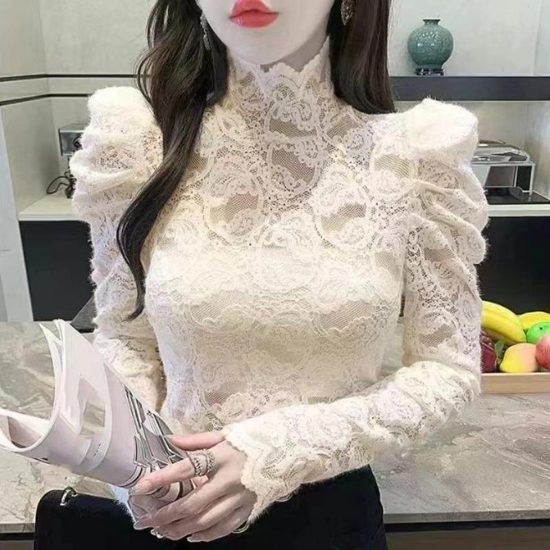 

Осень Зима Водолазка Кружевная Базовая Рубашка Женская Новая Модная С Пышными Рукавами Темпераментная С Длинным Рукавом S абрикосовый