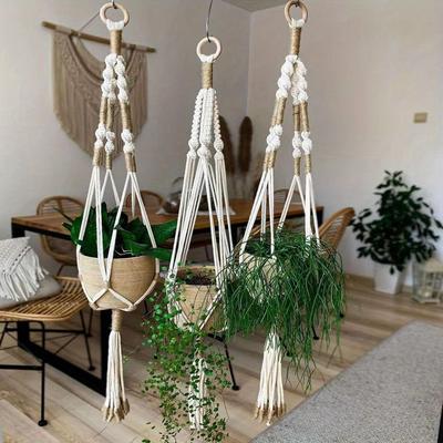 1 Stück Handgewebtes Gartenarbeit Balkon Pflanzen Hängeseil Hängekorb Baumwollseil Quaste für Außen Terrasse Garten Zuhause Vase Blumentopf Netzbeutel Dekoration