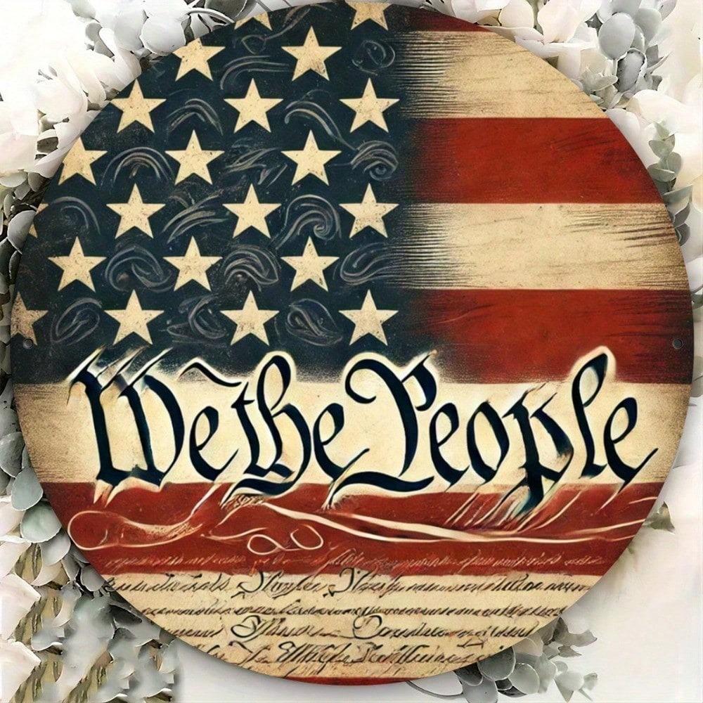 8 Inch Round Metal Tin Sign American Flag Wall Decor for Home Yard