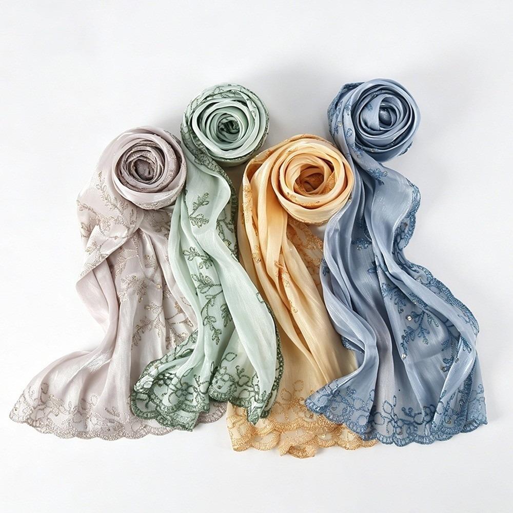 Flowy Sequin Floral Hijab Sparkly Sequin Embroidered Hijab Lace Edge Shawl Wedding Occasion