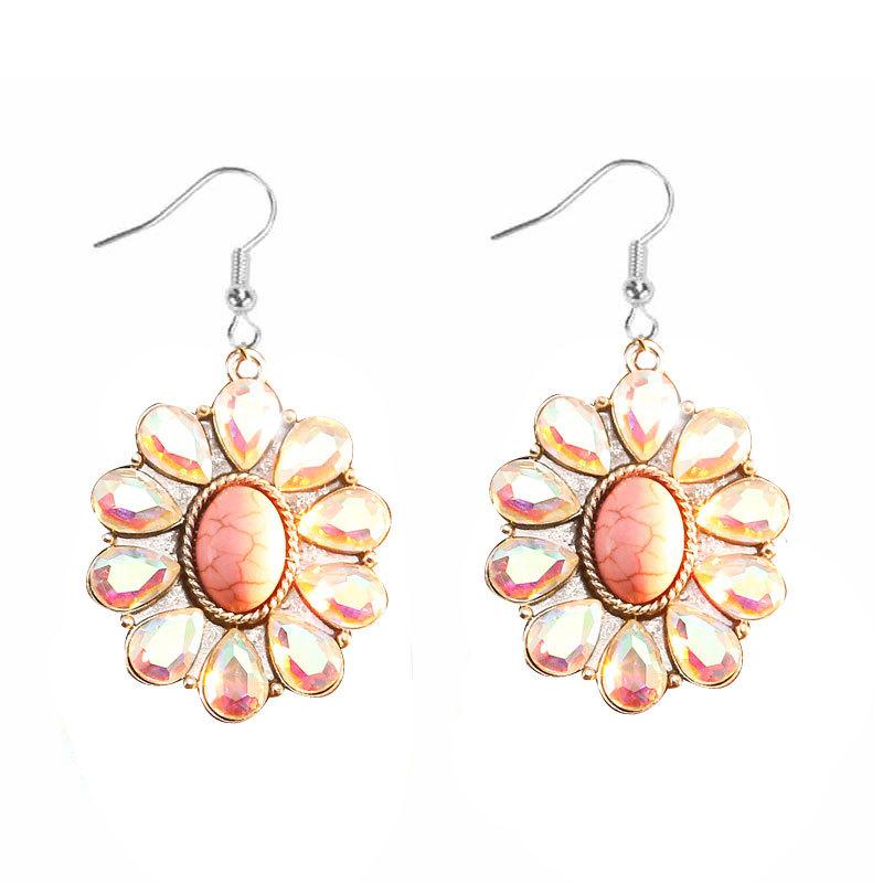 Creative Colored Diamond Earrings, High-End Retro Turquoise Flower Earrings, Bohemian Fashion Earrings.