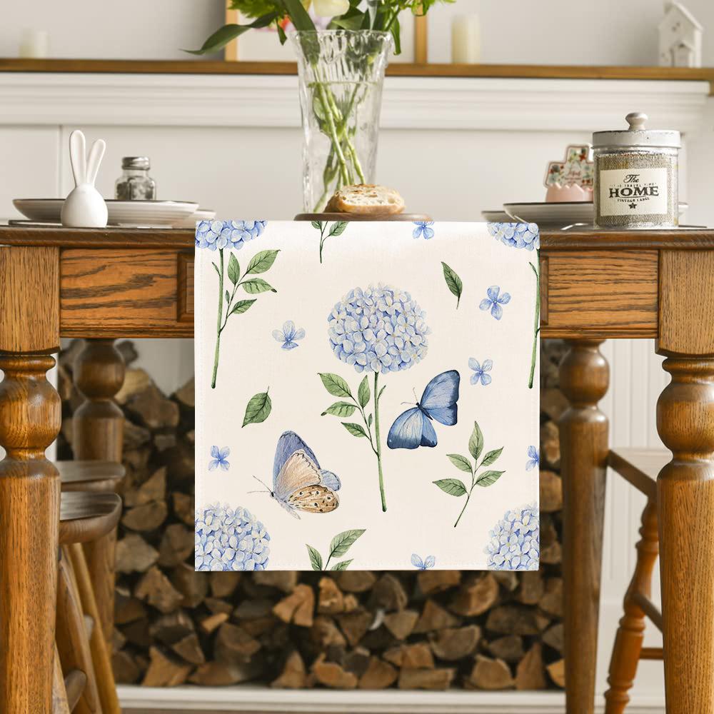 Hydrangea Butterfly Linen Table Runner - Colorful Floral Decor for Kitchen, Dining, or Party