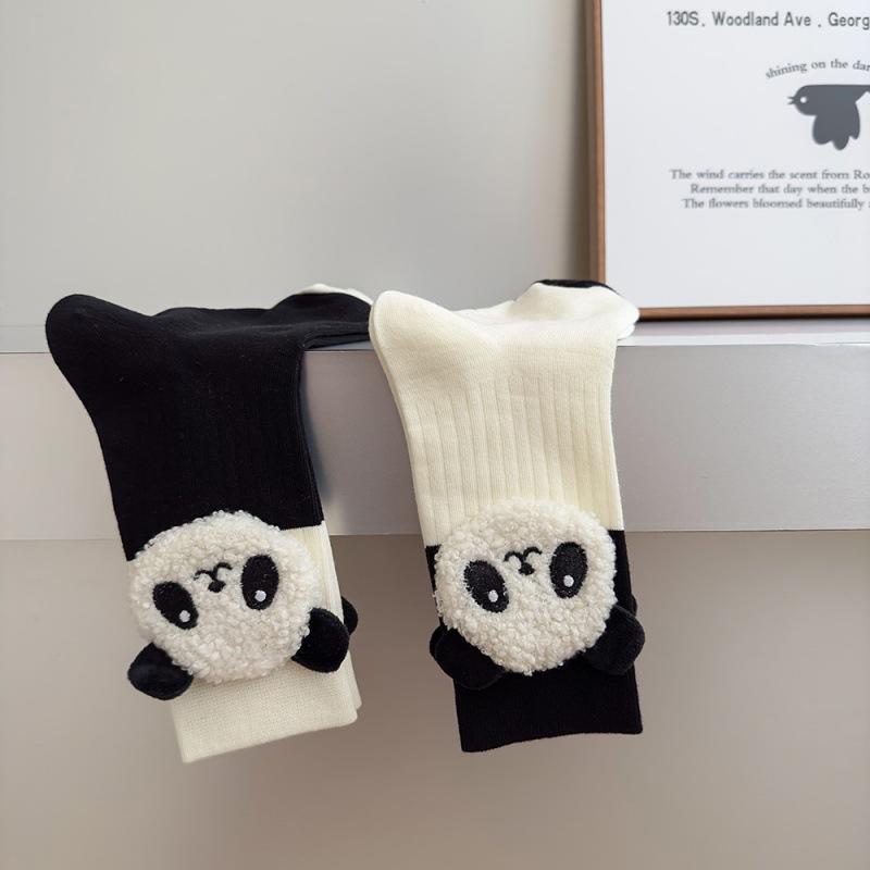 European Niche Socks, Black And White Color-Blocked Cow Three-Dimensional Panda Trend Sports, Wear Pure Cotton Mid-Leg Socks