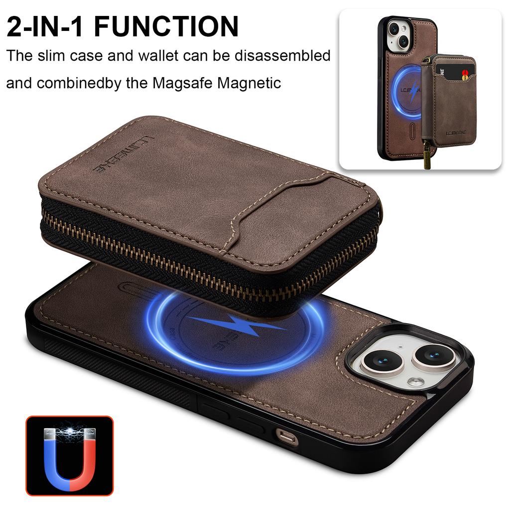 LC.IMEEKE L6 For iPhone 13 Mini/12 Mini Magnetic Case Detachable Zipper Wallet Leather Coated PC + TPU Phone Cover
