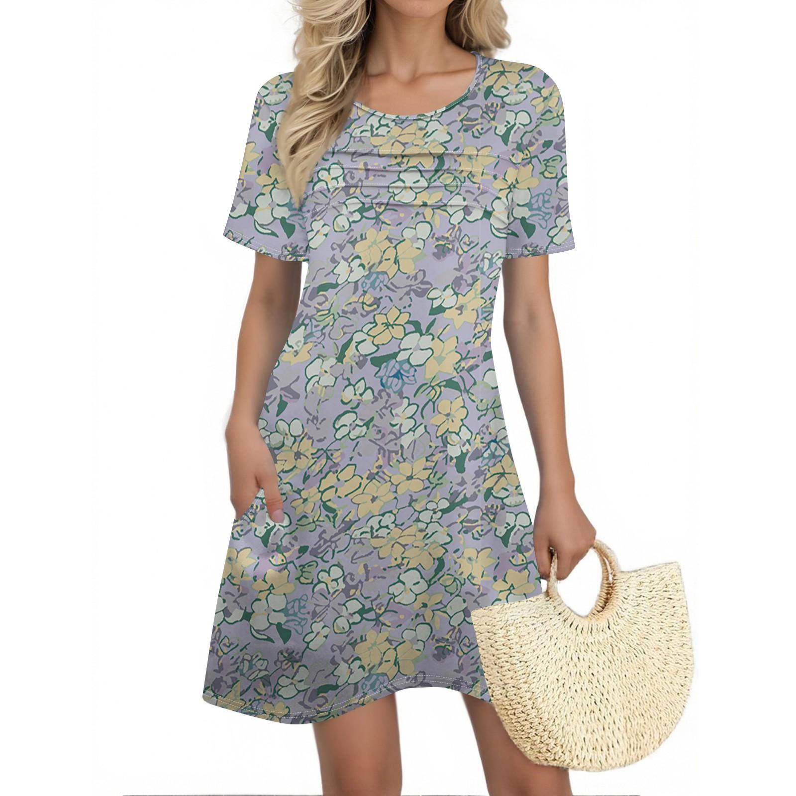 

Женские летние платья Женские летние платья с цветочным принтом Повседневные платья с коротким рукавом и круглыми карманами XXL