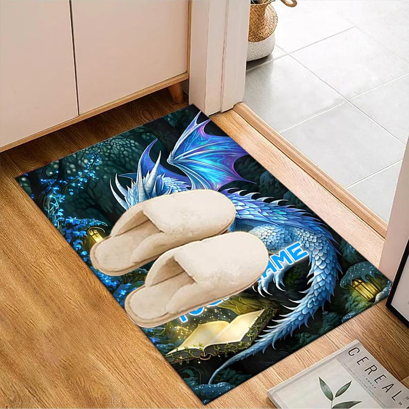 1PC Custom Name Blue Dragon Fantasy Forest Theme Floor Mat Ideal for Living Room, Game Rooms, Office, Bedroom,Floor Mat Playful Design