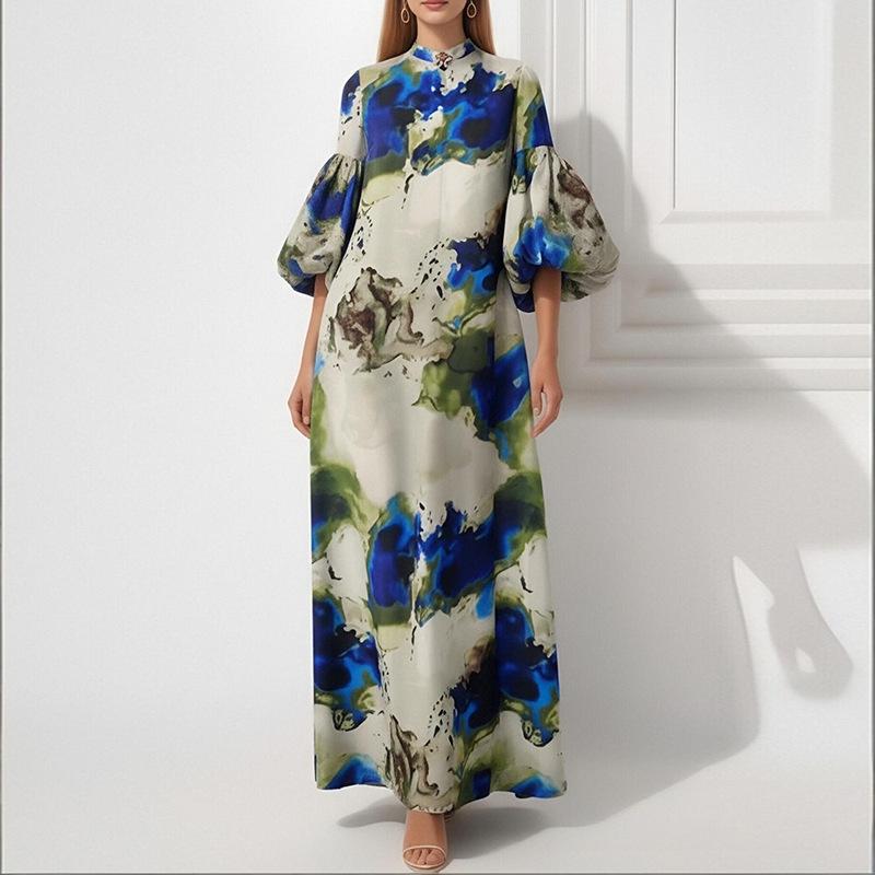 New summer models, European and American women's clothing, casual commuting bubble sleeve printed loose dress
