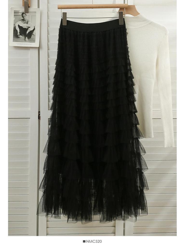 "2024 Frühling/Sommer Lotusblatt Mesh Puffrock": Gespleißt, Schlank, Von Prominenten inspiriert, Lang, Sexy Kuchenstil"