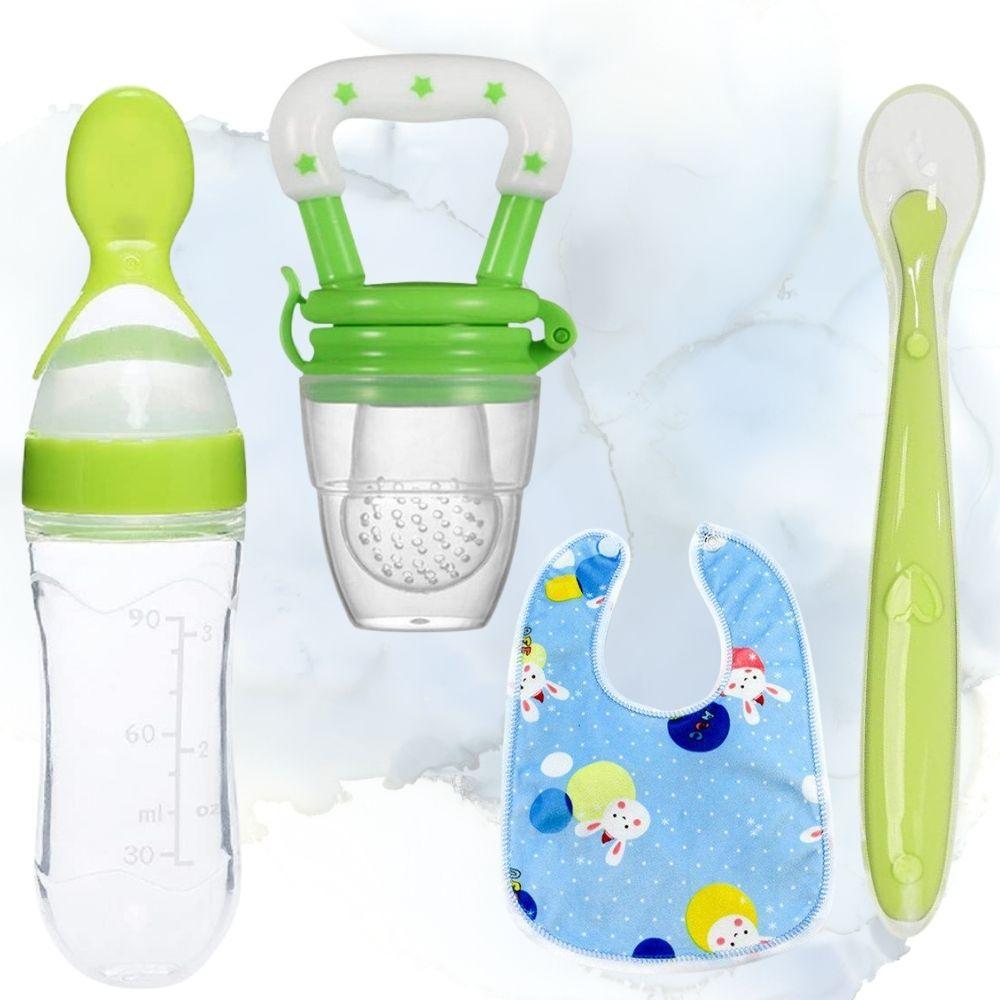 Baby Feeding Combo – Spoon Feeder Bottle, Fruit Feeder, Silicone Bib & Feeding Spoon (Pack of 4)