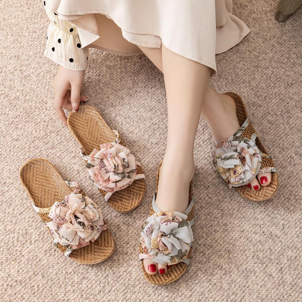 Summer Cool Rattan Mat Slippers - Bowknot Design, Non-Slip Indoor Bamboo Weave, Fish Mouth Style