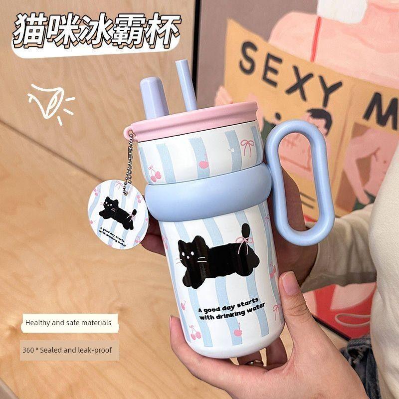 Large-Capacity Thermos Cup for Girls, New Office Water Cup, Giant Student Cup with Handle and Straw, High Aesthetic Value