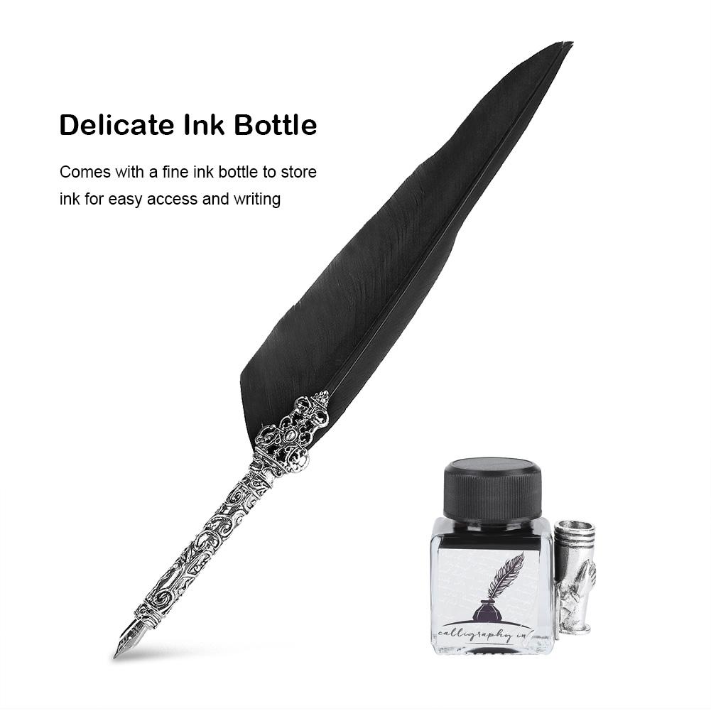 Retro Quill Feather Writing Pen Gift Box with Empty Ink Bottle Quill Set for Friends Black