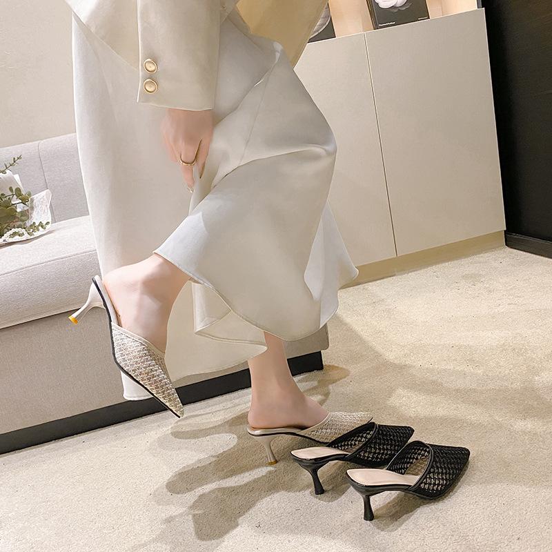 2025 Summer Baotou Half Drag Girl Wearing Thin Heels Retro Mesh High Heels Cool Slippers Pointed Fairy Wind Shoes Girl