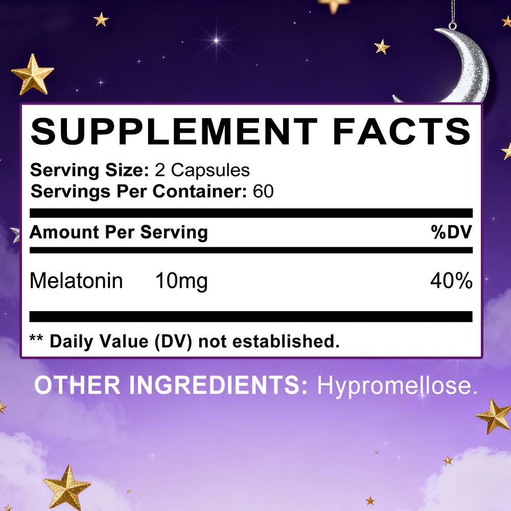 Pure Melatonin 10mg Strength Capsules for Natural Body Sleep Cycle Support, 120 Dietary Supplement Capsules