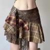 Women's Fall Brown Plaid Leather Patchwork Ruffle Mini Skirt