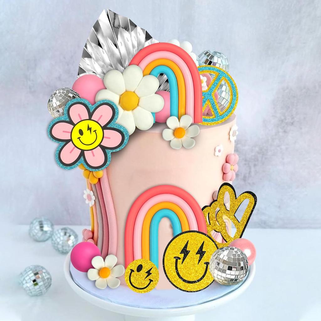 25 PCS Groovy Cake Topper Boho Rainbow Hippie Cake Decoration with Disco Balls and Daisy Flowers for Groovy Theme Birthday Party Supplies