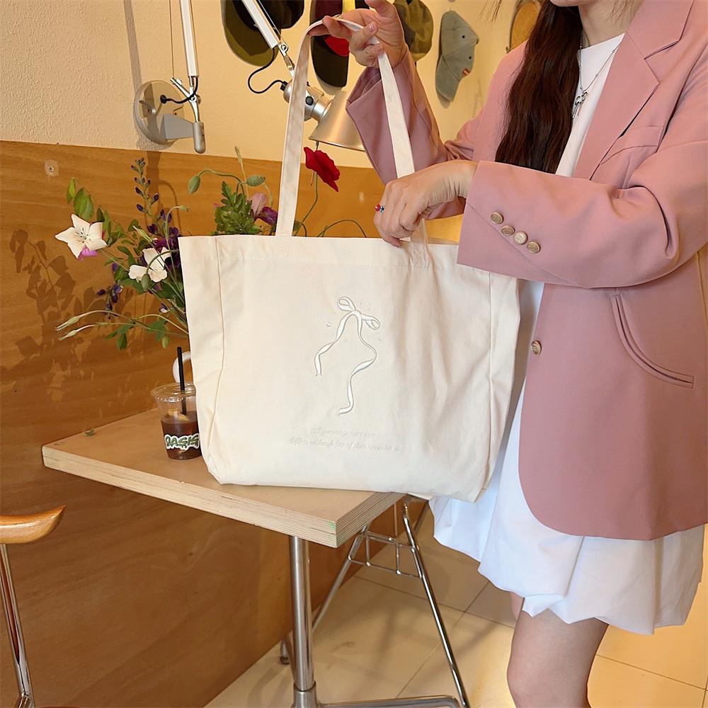 Elegant Pearl Beige Bow Tote Bag Lovely Embroidered Canvas School Bag For Girls
