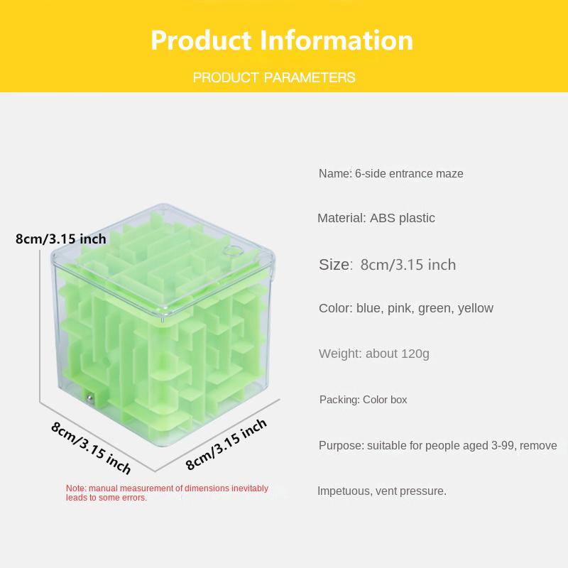 8cm/3.15in Cube 3D Maze Puzzle Six-sided Rolling Ball Game Labyrinth Children Balance Training Stress Reliever Toys for Kids