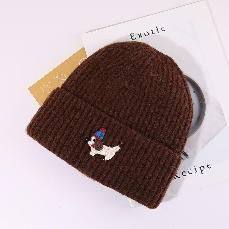 

Осенне-зимняя милая шерстяная шапка с щенком для женщин, в корейском стиле, новая вязаная шапка, уличная теплая и универсальная шапка-пуловер от холода M（56-58cm）