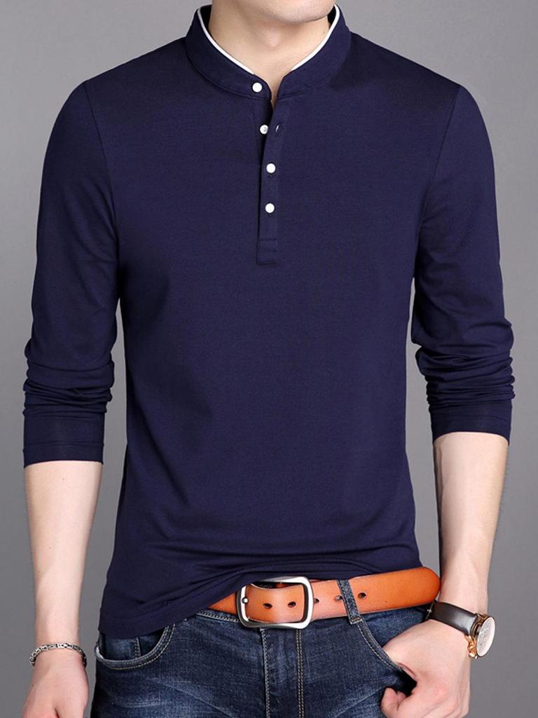 Men's Long-Sleeve Stand Collar Base Layer Shirt - Pure Cotton Solid Color, Slim Fit, Korean Style for Spring & Autumn