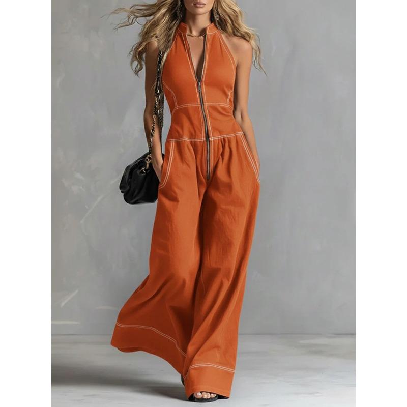TIFICY Women's Fashion Casual Summer Spring Solid Color Print Sleeveless V-Neck High Waist Trousers Jumpsuits & Rompers