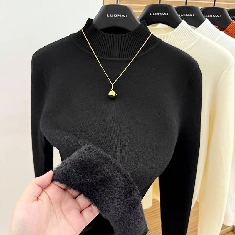 Jednodílný fleecový svetr pro ženy Pulovr s polovyvýstřihem Pletený top pro ženy s přidaným fleecem a zateplením Podzim a zima