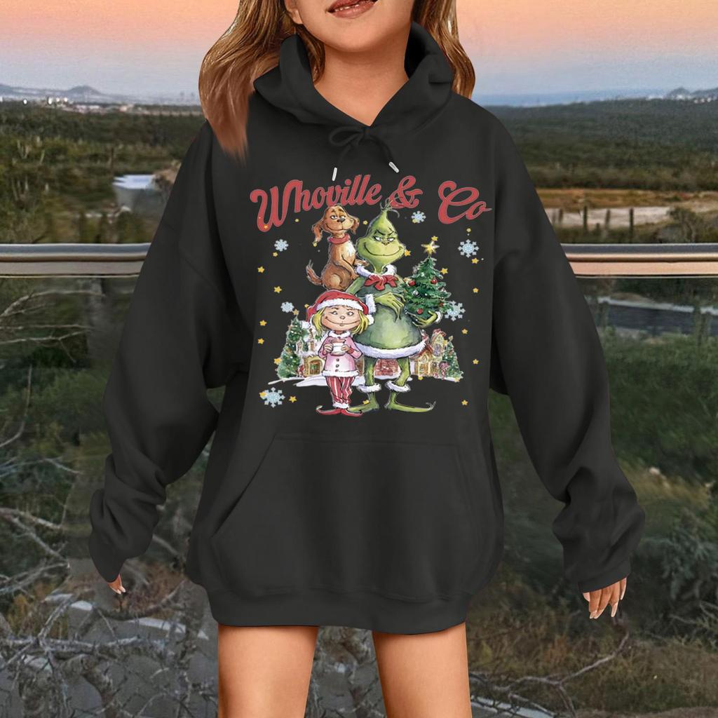 Children's Fashionable Casual Long-sleeved Loose Christmas Print Pullover Hooded Sweatshirt