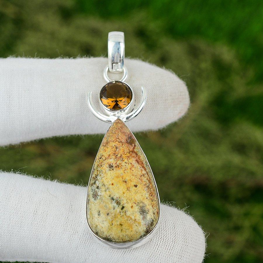 

925 Sterling Silver Picture Jasper Gemstone Smoky Quartz Wedding Pendant Jewelry