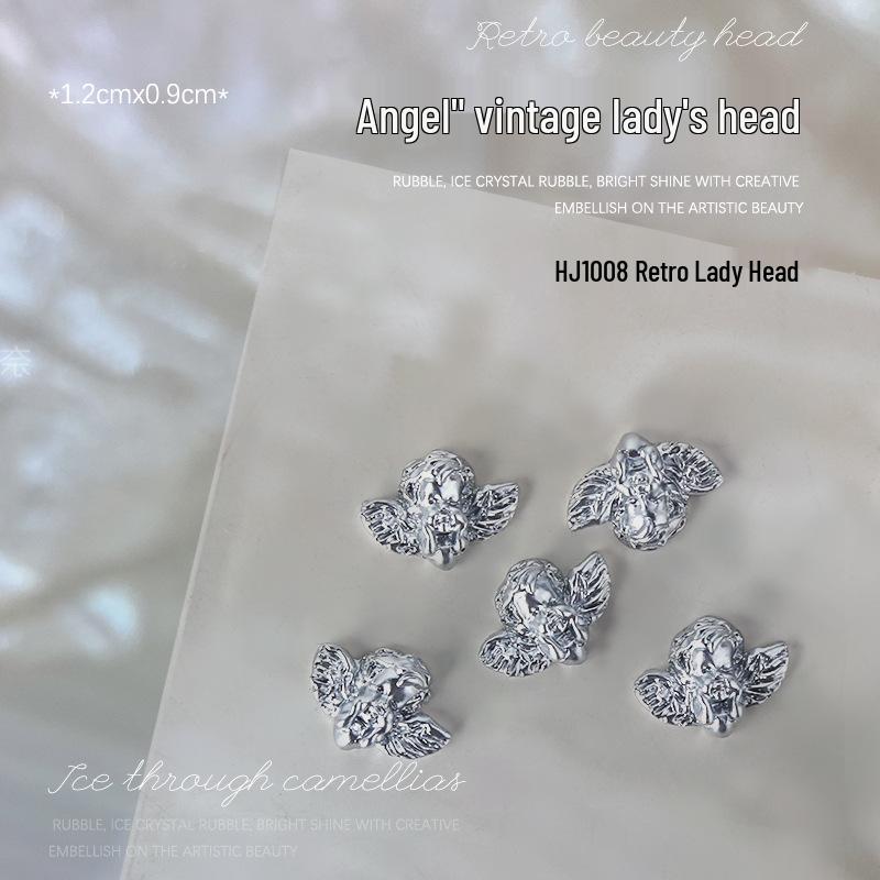 Baroque Angel Relief 3D Nail Art Decorations - Vintage White Metal, 5 Pieces