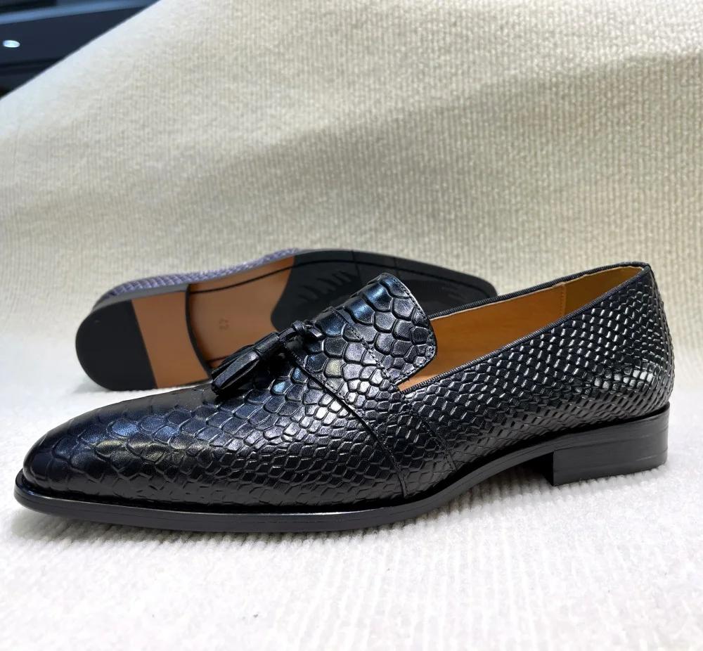 Fashion Men's Tassel Loafers Genuine Leather Gray Slip-on Snake Print Dress Shoes Spring Autumn Wedding Formal Shoes