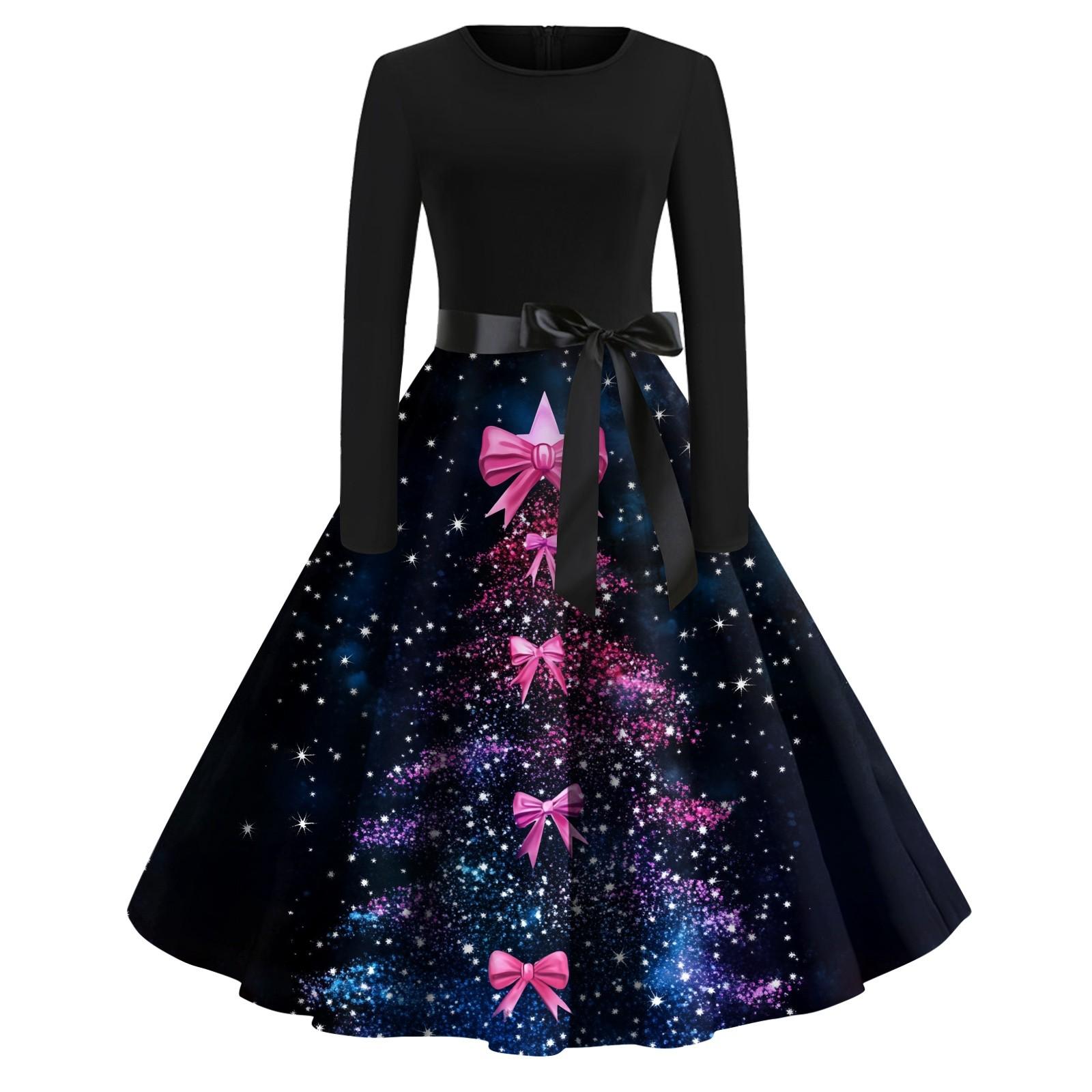 

Женская мода с круглым вырезом, повседневные тонкие рождественские платья с длинным рукавом и принтом XXXL