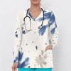 Women Plus Size Scrub Top V Neck Long Sleeve Abstract Botanical Print Front Pockets Medical Work Top