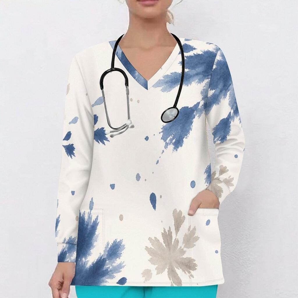Women Plus Size Scrub Top V Neck Long Sleeve Abstract Botanical Print Front Pockets Medical Work Top