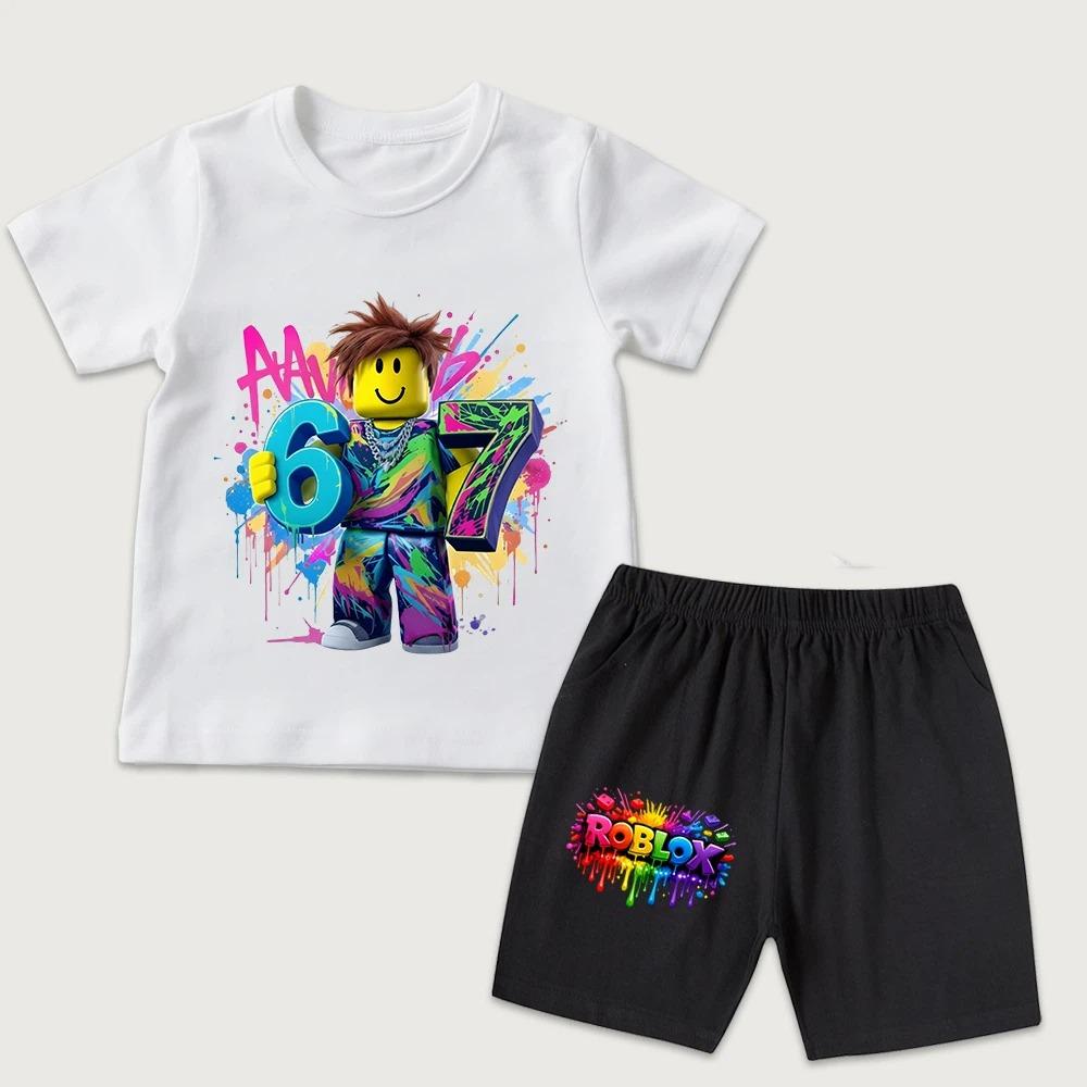 Fashion Cartoon Game 67 Cute Printed Kids T Shirt and Shorts 2 Piece Set Summer Casual Outfit for Boys and Girls Childrens Clothing