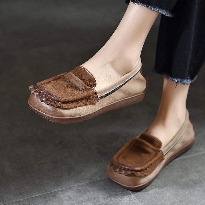 Johnature Loafer aus echtem Leder mit quadratischer Zehenpartie und weicher Sohle, flache Schuhe, Retro-Schlupfschuhe in Mischfarben für Damen