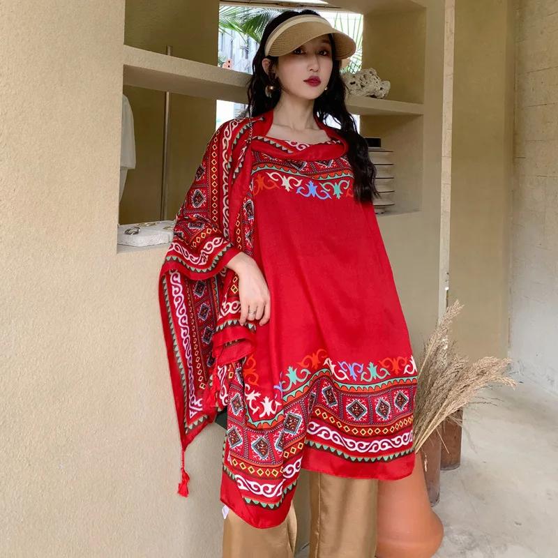 Ethnic Shawl Scarf Seaside Sunscreen Beach Silk Scarf Red Big Yarn Women'S Desert Travel Ladies Po Accessories Ladies