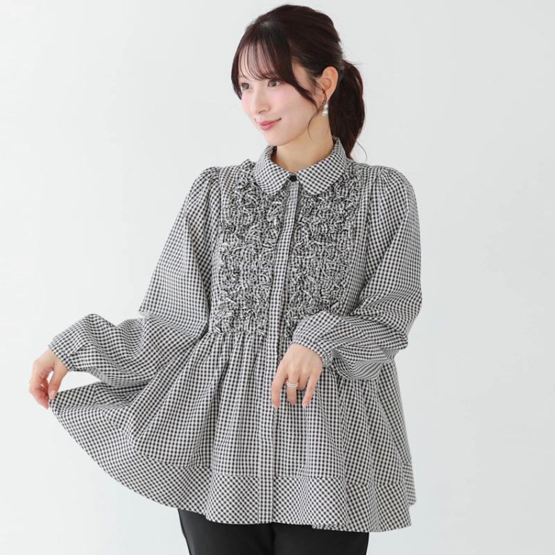 Spring 2026 Women s Embroidered Plaid Ruffle Blouse with Doll Collar One Size