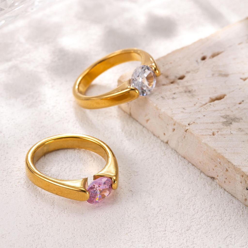 18K Gold Plated Stainless Steel Ring Set: Women's Luxury Fashion with Colored Diamond Inlays.