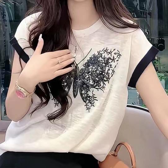 Women's Round Neck Short Sleeve Top Loose Fit Butterfly Print Casual T Shirt Summer Basic Tee