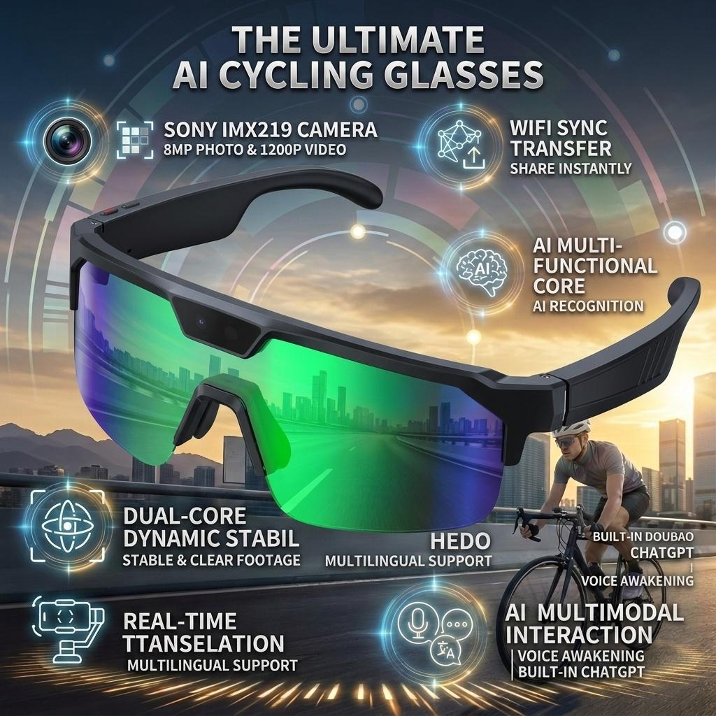 Outdoor Smart Glasses 1200P HD Camera 8MP Sensor 30MP Photo WiFi Sync Bluetooth 5.3 Audio Sunglasses Anti-shake Dual Mic ENC Mic