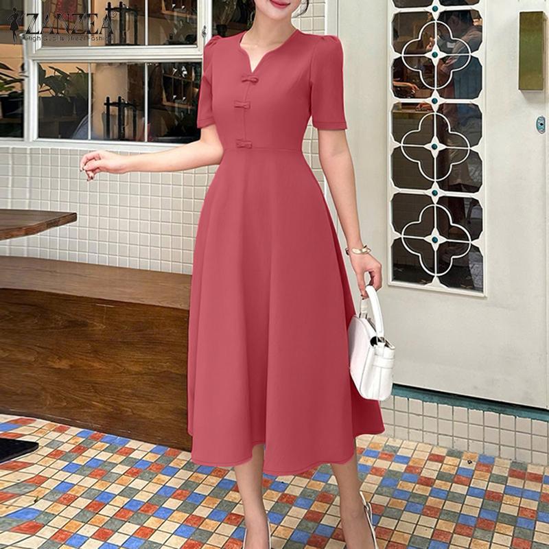 ZANZEA Women Casual V-Neck Summer Short Sleeve Long Dress