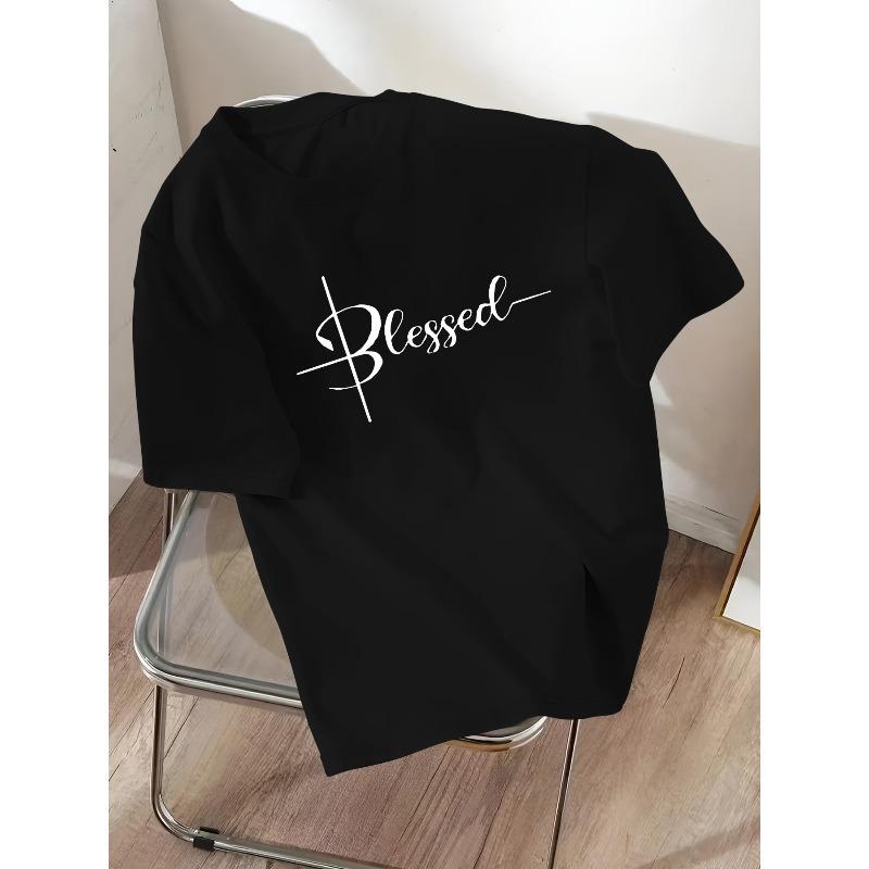 European sizes Men's Casual Crew Neck T-Shirt with 'Blessed' Print - Regular Fit, Slight Stretch Fabric, Short Sleeve Tee for Summer