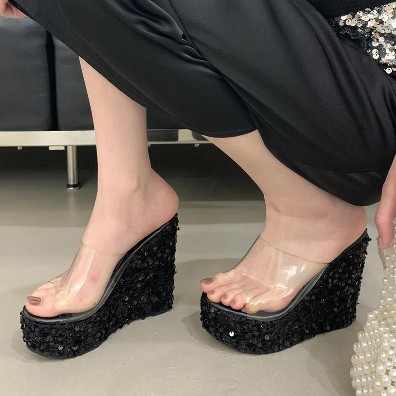 Fashion Eilyken Summer PVC Transparent Open Toe Women Slippers Bling Sequin Cloth Platform Wedges Heels Banquet Party Shoes