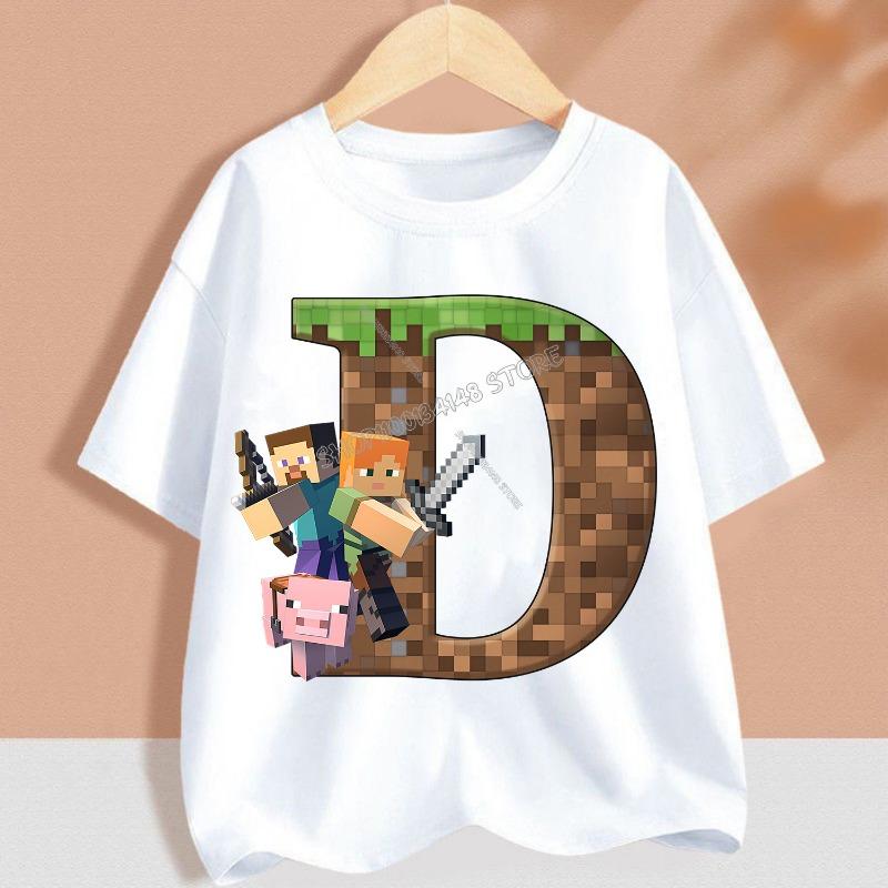 Hot Pixel Game T-shirt Children A-Z Letter White Clothes Cartoon Round Collar Clothing New Kids Short Sleeve Summer Tee Top Gift