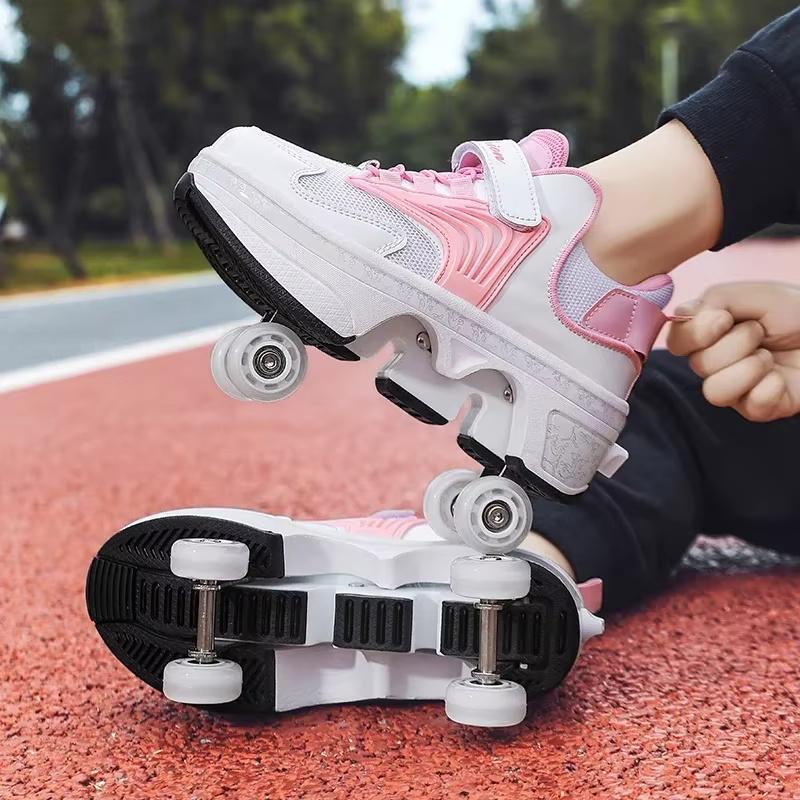 New Children's Sports Skates Deformation Shoes 4 Four-wheel Skates, Adult Runaway Shoes Student Deformation Wheel