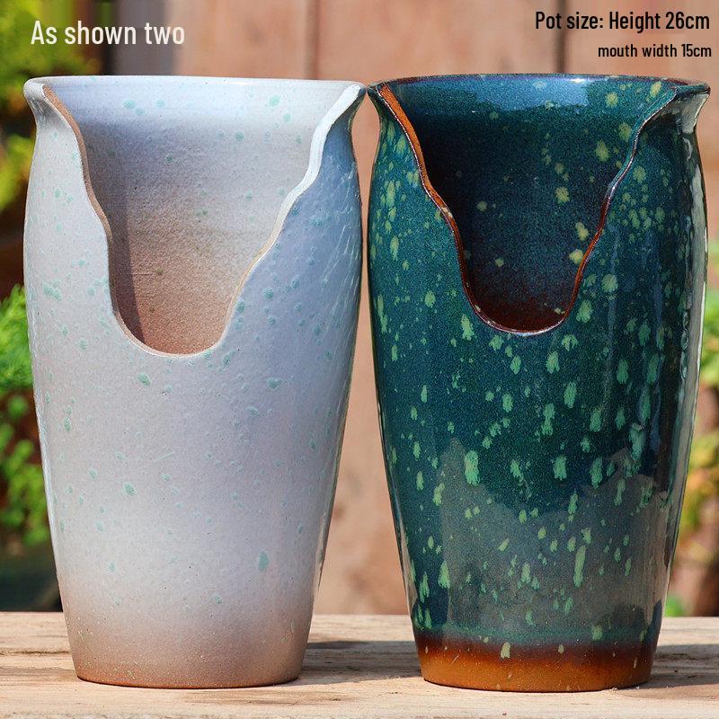 Handmade Coarse Pottery Wide-Mouth Flower Pot - Ceramic Zisha Succulent Planter with Rustic Cut-Edge Design for Chlorophytum