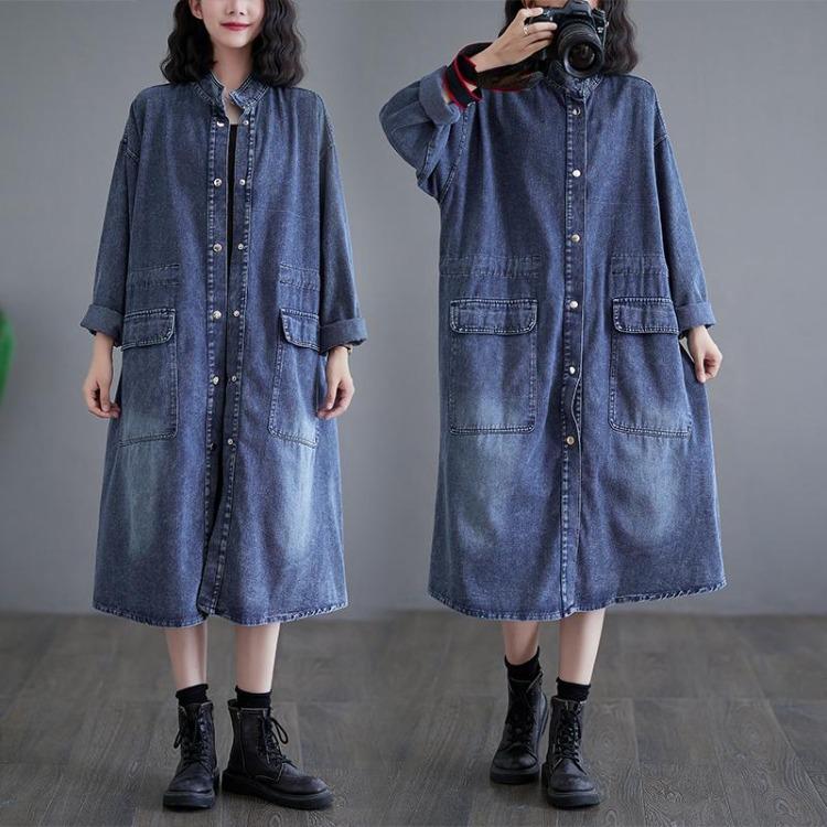 Vintage Denimmantel Frühling Damen Übergröße Lässig Lange Jacke Locker Übergröße Baumwolle Taschen